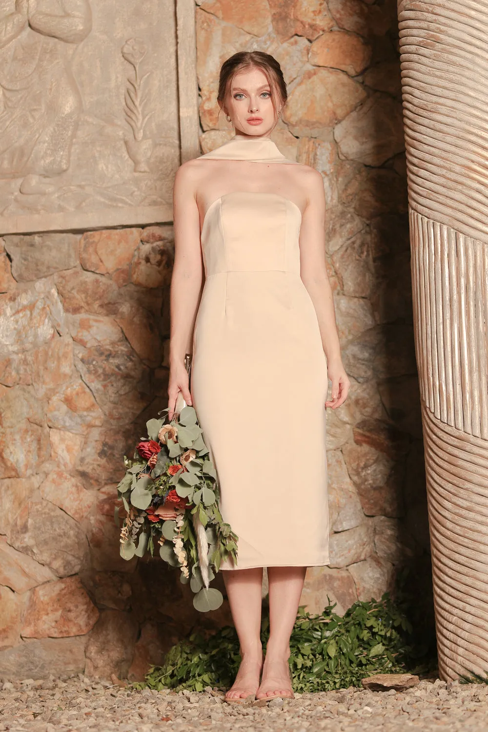 ROMA Strapless Curved Neckline Midi Dress with Silk Scarf  (Nude Silk Crepe)