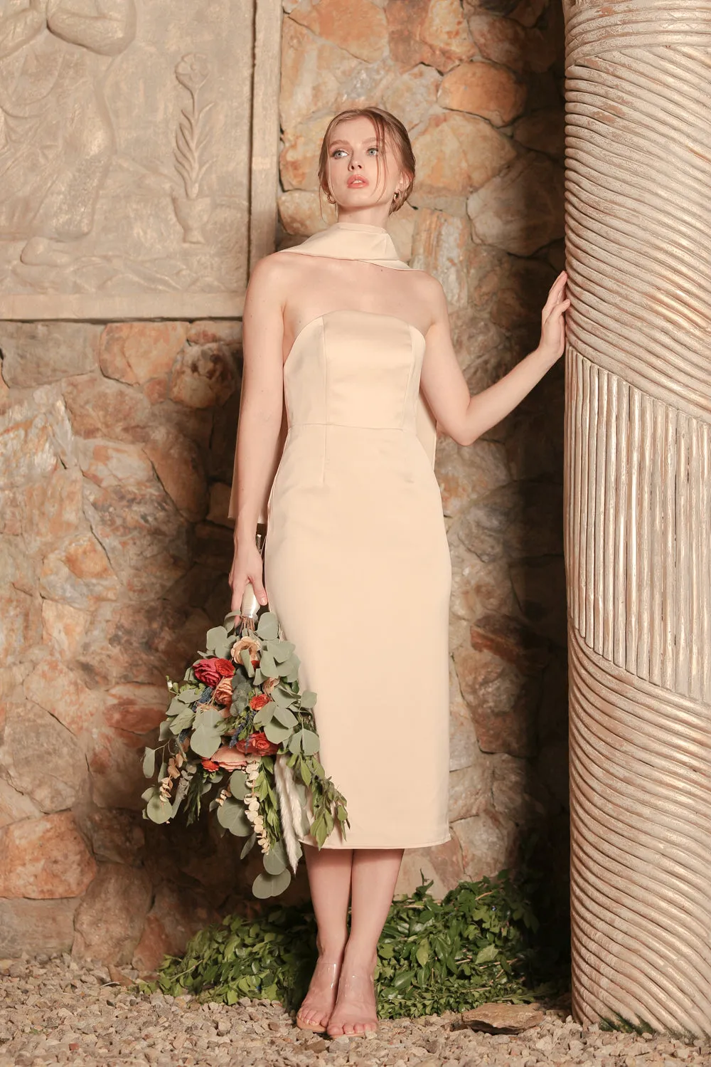 ROMA Strapless Curved Neckline Midi Dress with Silk Scarf  (Nude Silk Crepe)