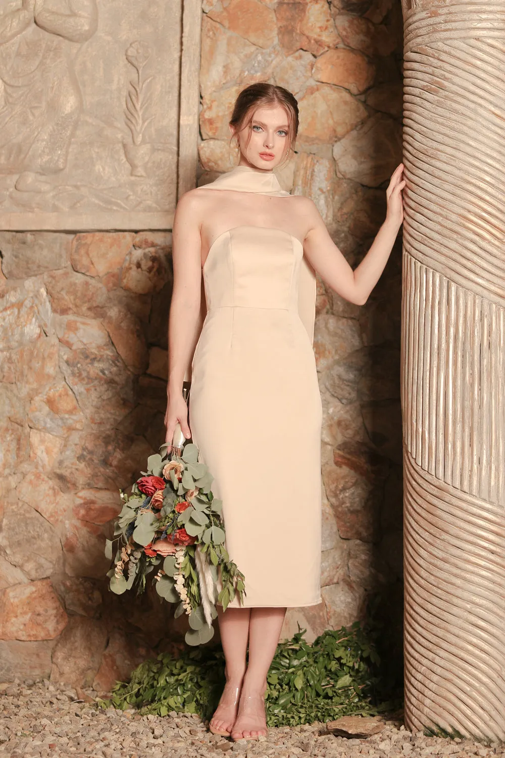 ROMA Strapless Curved Neckline Midi Dress with Silk Scarf  (Nude Silk Crepe)