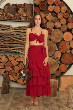 ROSALIE SET Wrap Tie Top with Wrap Around Ruffled Skirt (Maroon Linen)