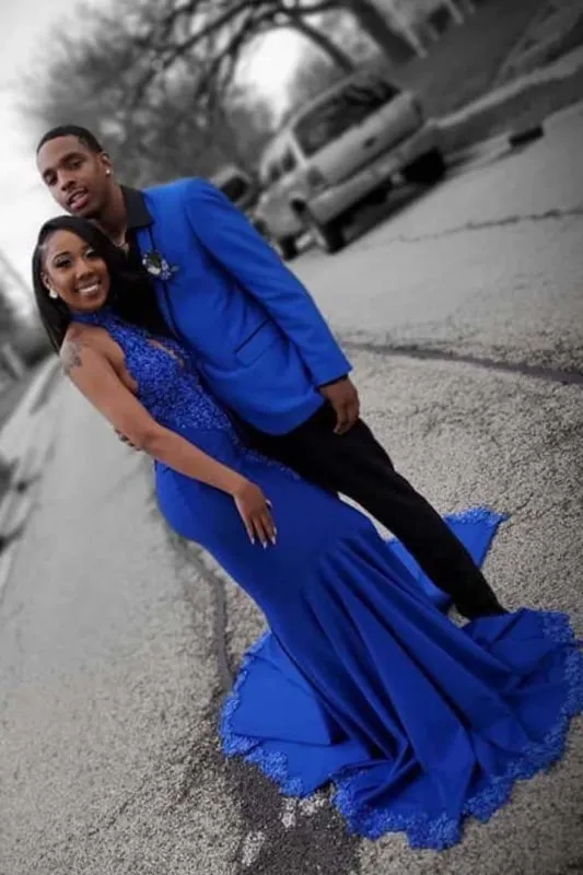 Royal Blue Halter Sleeveless Open Back Long Prom Dresses with Lace Appliques
