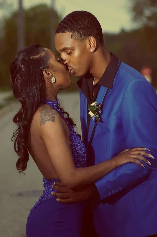 Royal Blue Halter Sleeveless Open Back Long Prom Dresses with Lace Appliques