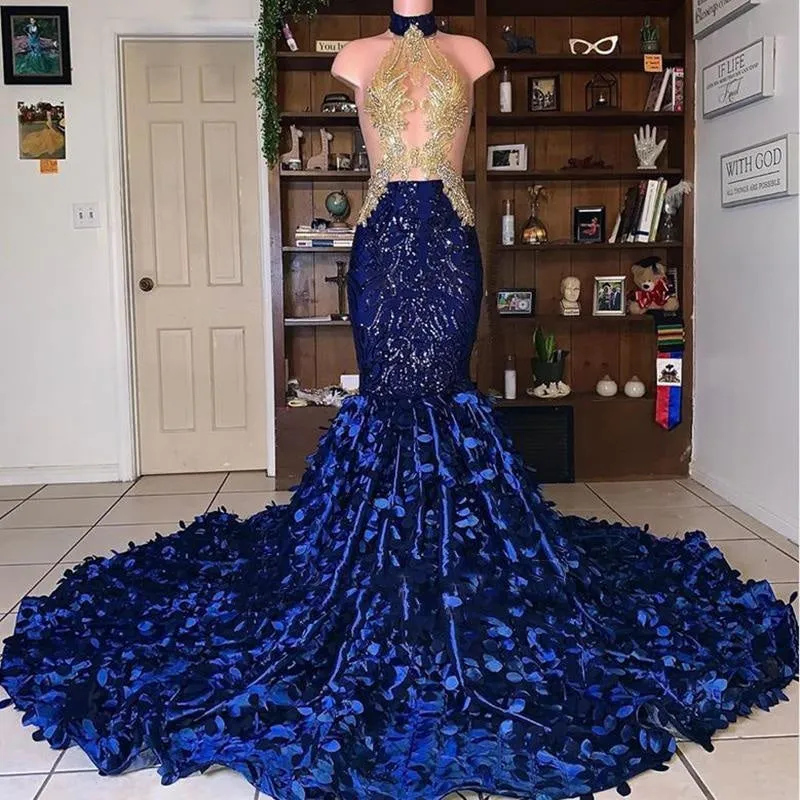 Royal Blue Mermaid African Sexy Beaded See Through Prom Dress