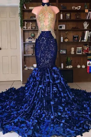 Royal Blue Mermaid African Sexy Beaded See Through Prom Dress