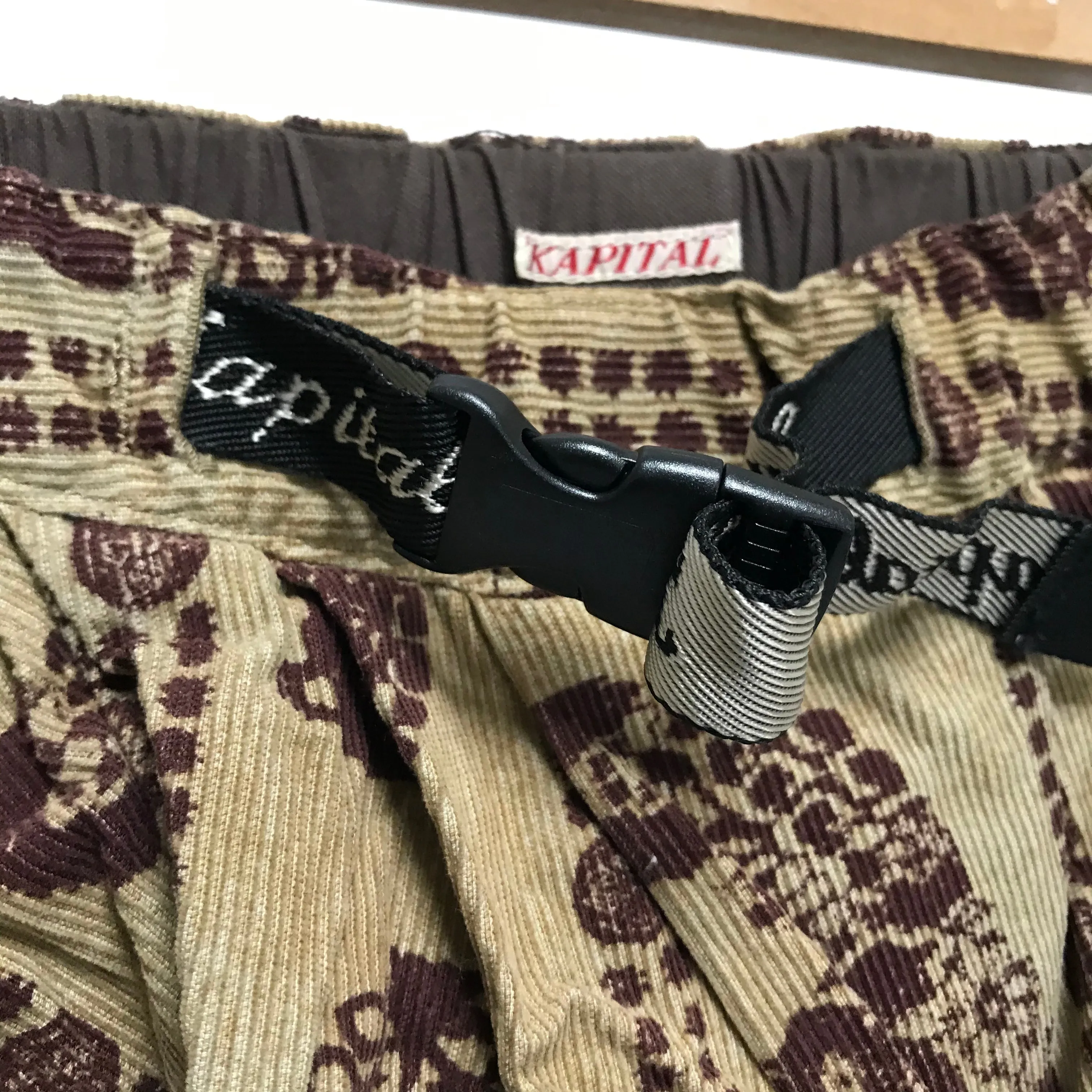 [S] DS! Kapital Paisley Corduroy Drop Crotch Belted Shorts Beige