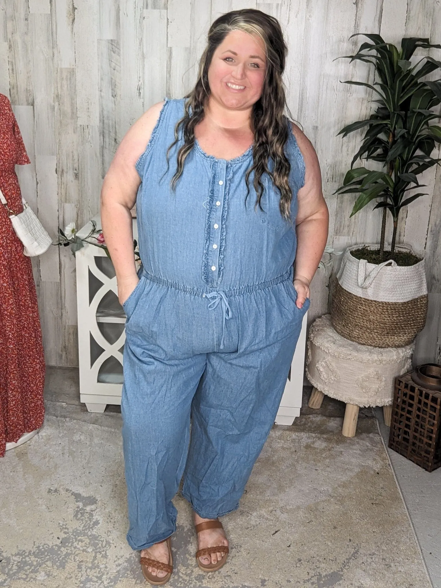 SALE- Cali Chambray Denim Jumpsuit w/Ruffle   Button Details