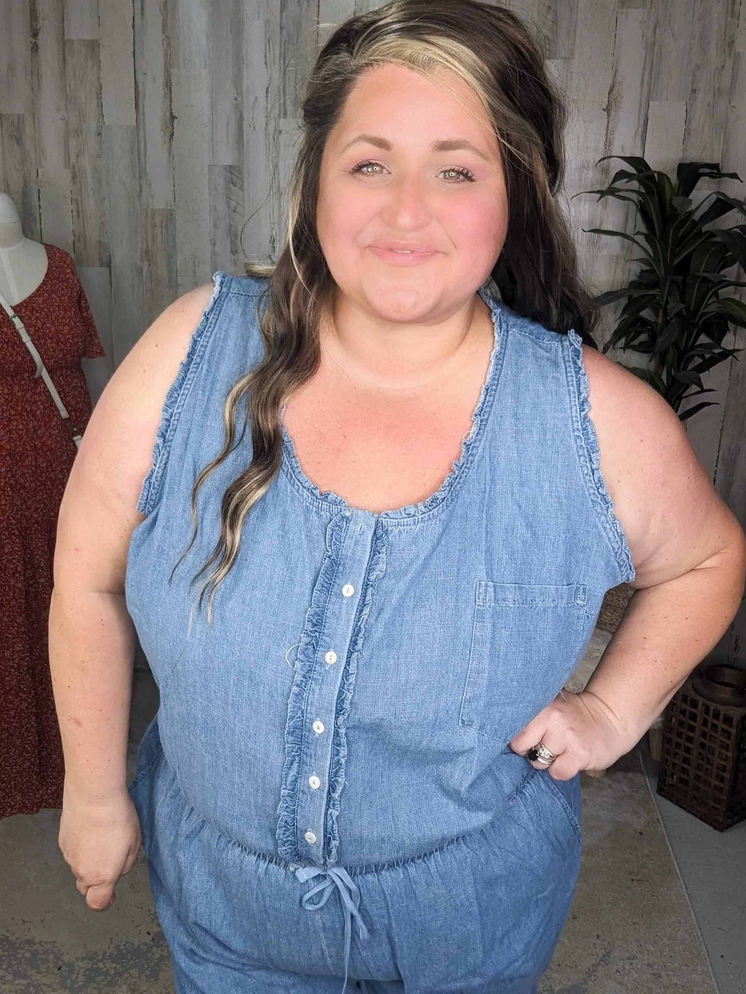 SALE- Cali Chambray Denim Jumpsuit w/Ruffle   Button Details