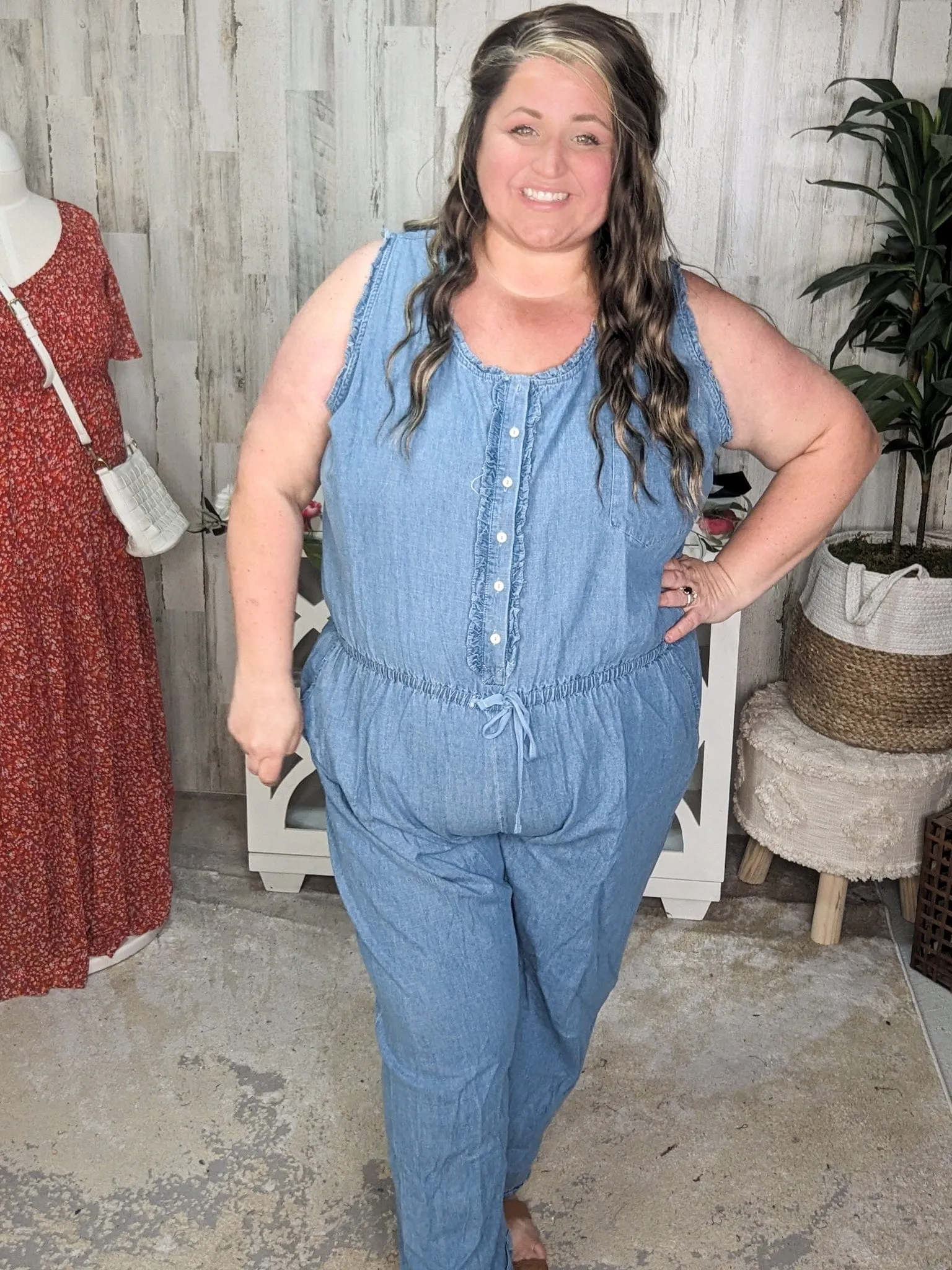 SALE- Cali Chambray Denim Jumpsuit w/Ruffle   Button Details