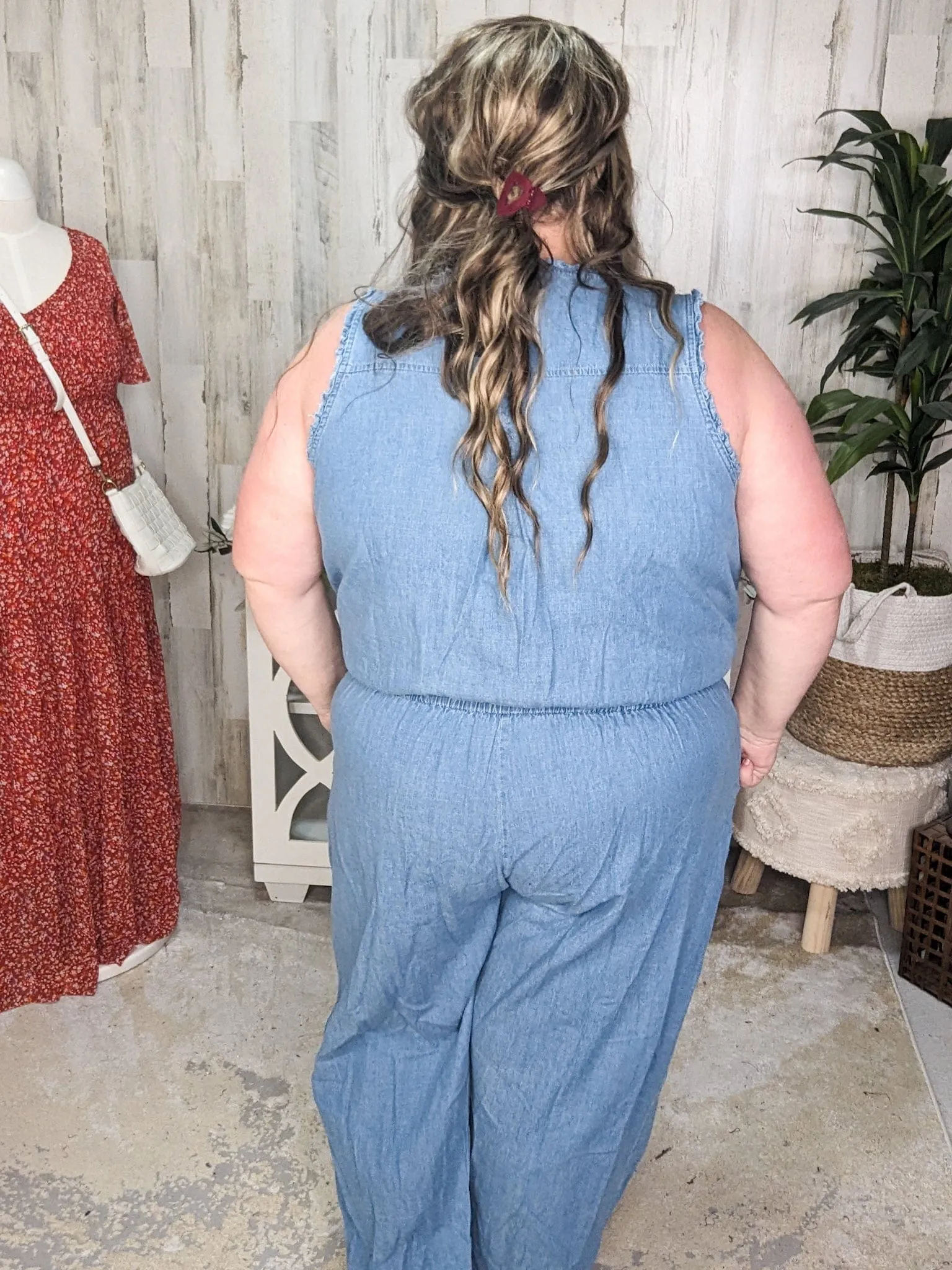 SALE- Cali Chambray Denim Jumpsuit w/Ruffle   Button Details