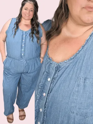 SALE- Cali Chambray Denim Jumpsuit w/Ruffle   Button Details