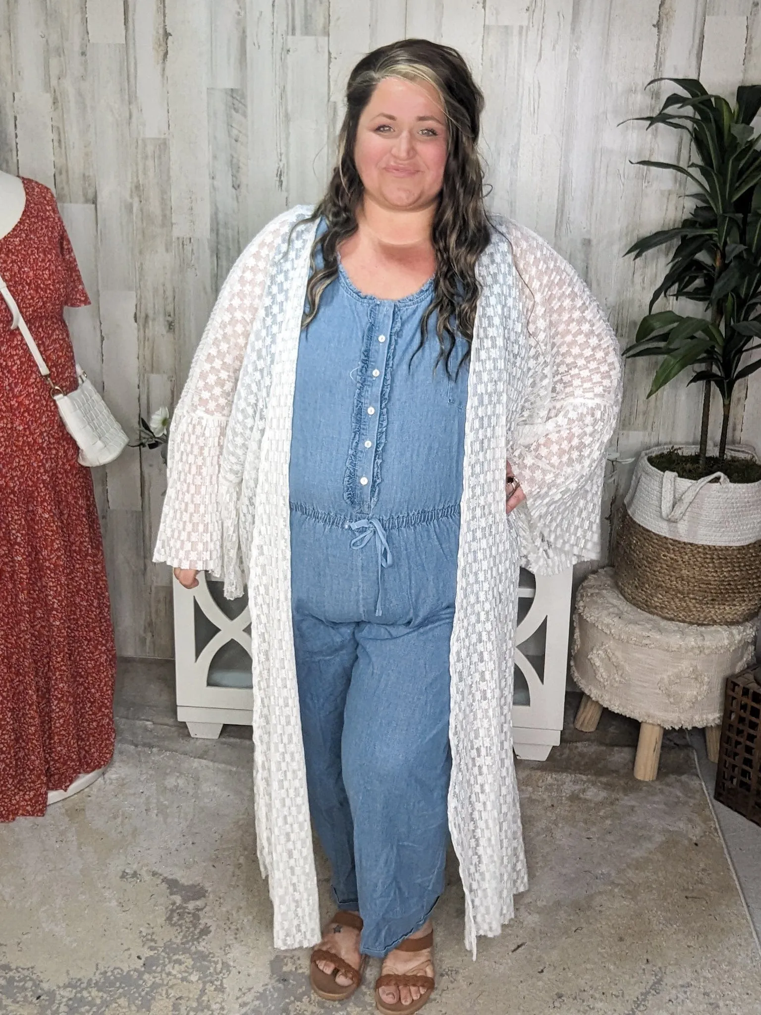 SALE- Cali Chambray Denim Jumpsuit w/Ruffle   Button Details