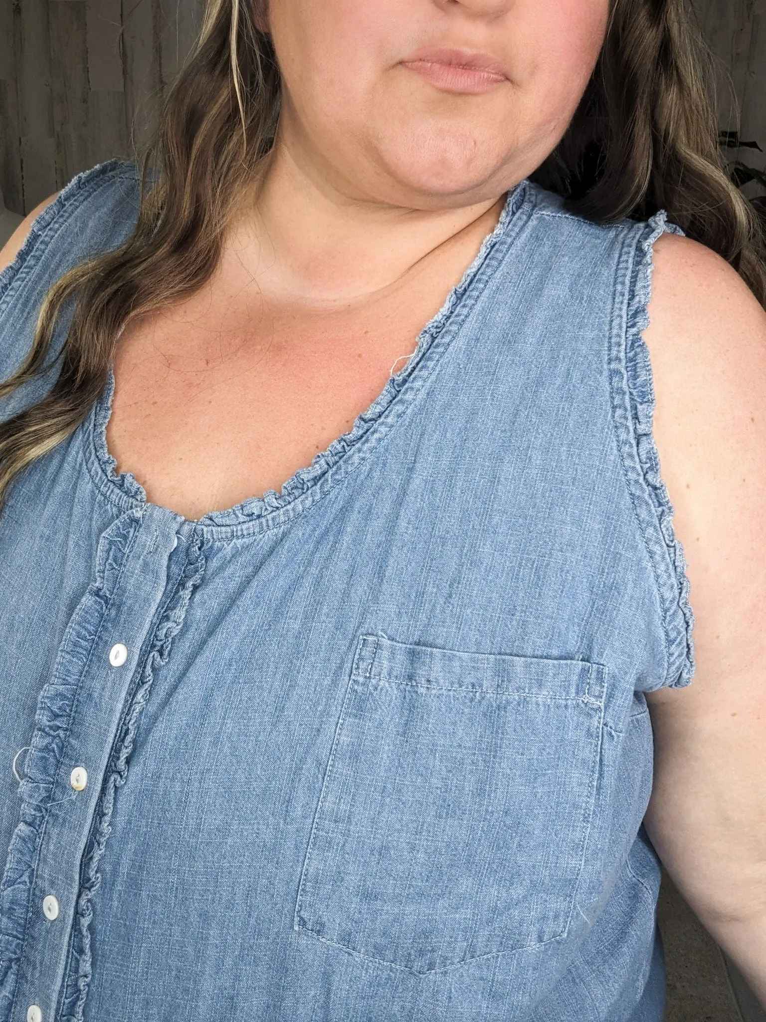 SALE- Cali Chambray Denim Jumpsuit w/Ruffle   Button Details