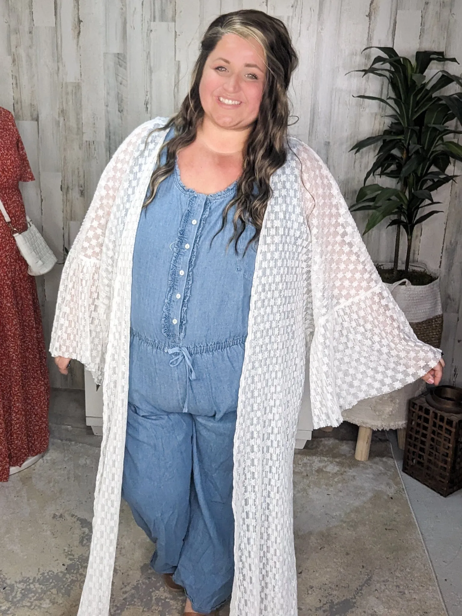 SALE- Cali Chambray Denim Jumpsuit w/Ruffle   Button Details