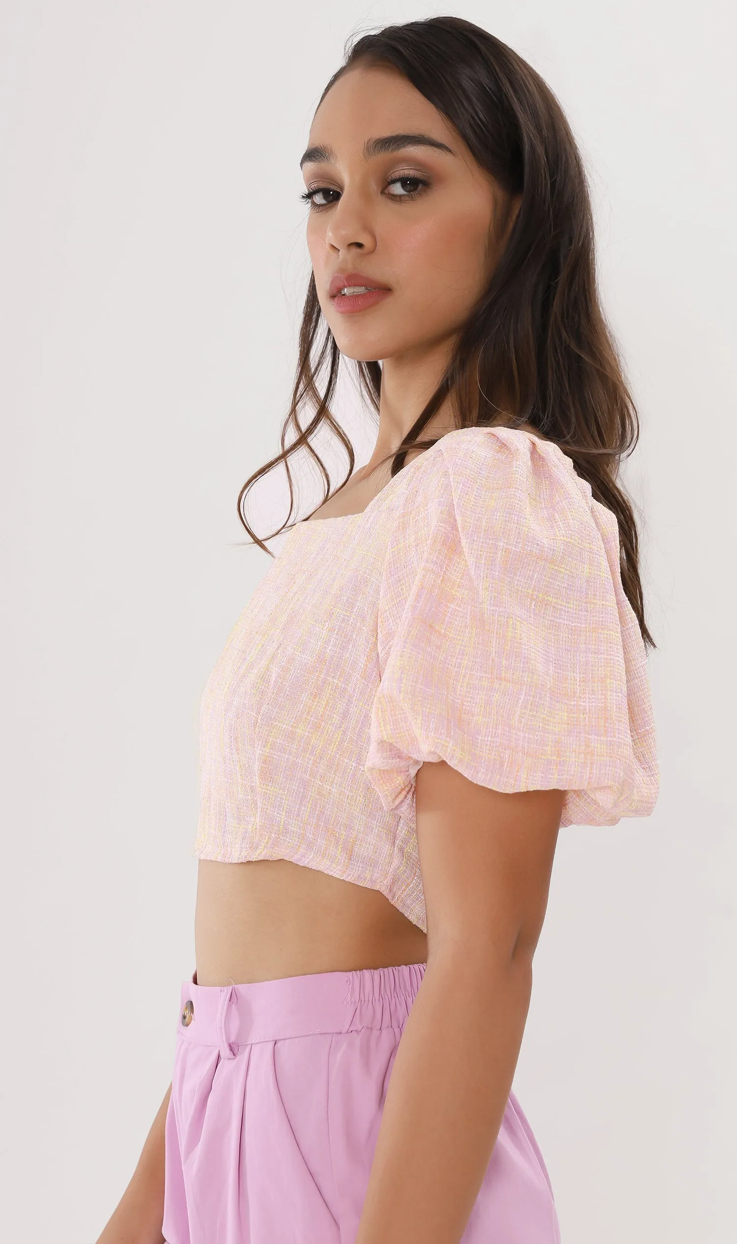SASHA Tweed Puff-Sleeve Crop Top (Peach)