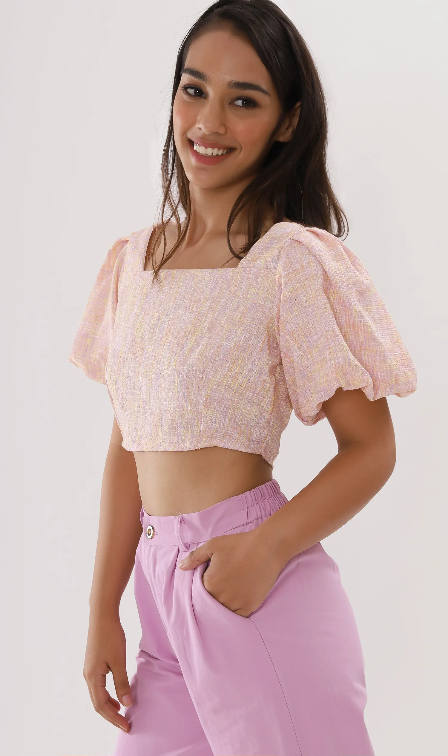 SASHA Tweed Puff-Sleeve Crop Top (Peach)