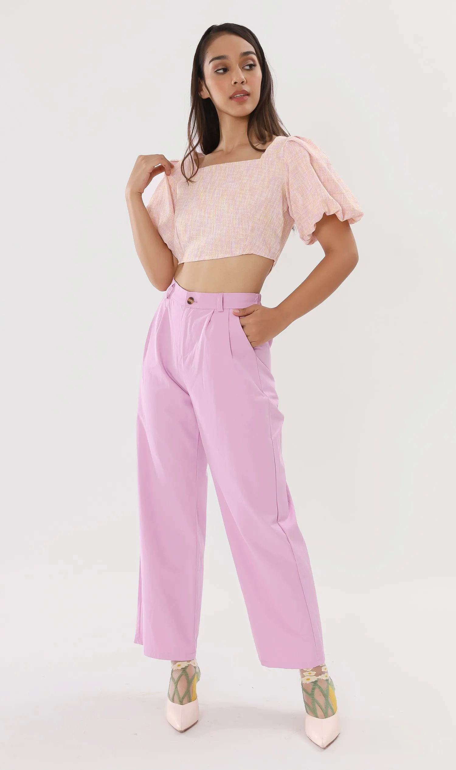 SASHA Tweed Puff-Sleeve Crop Top (Peach)