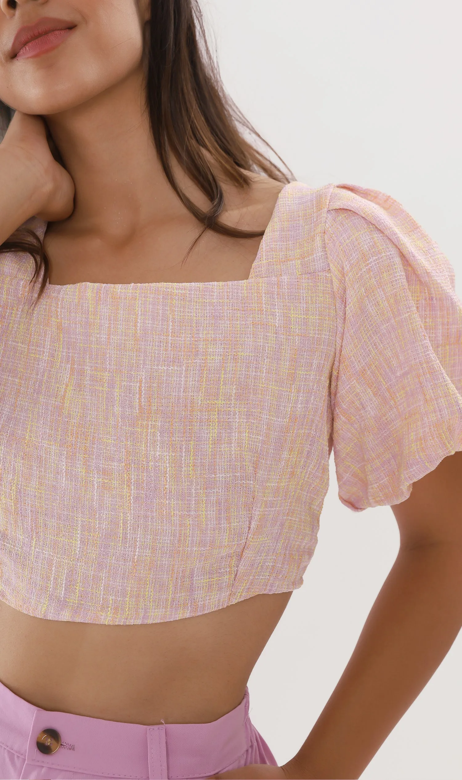 SASHA Tweed Puff-Sleeve Crop Top (Peach)