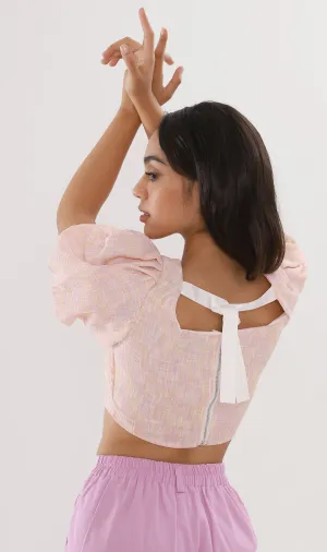 SASHA Tweed Puff-Sleeve Crop Top (Peach)