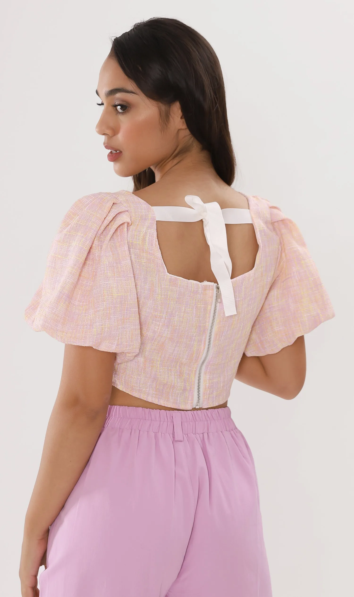 SASHA Tweed Puff-Sleeve Crop Top (Peach)