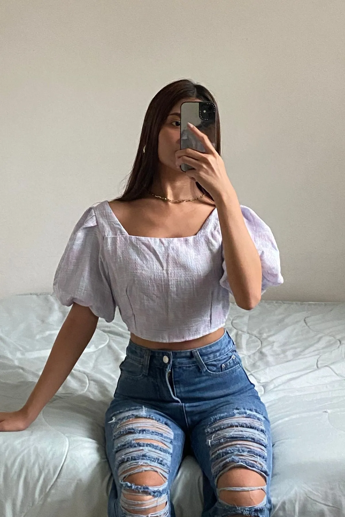 SASHA Tweed Puff-Sleeve Crop Top (Purple)
