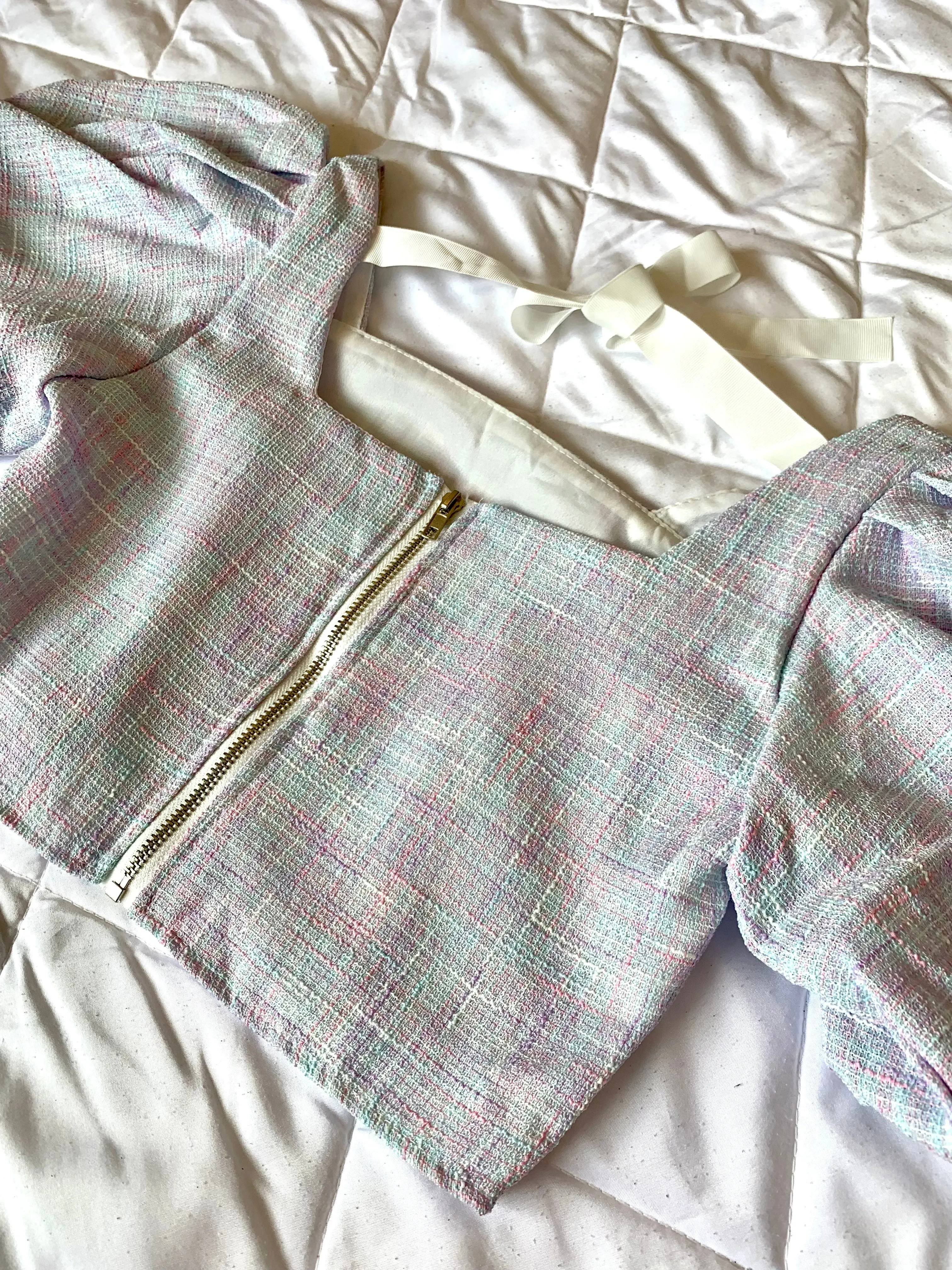 SASHA Tweed Puff-Sleeve Crop Top (Purple)