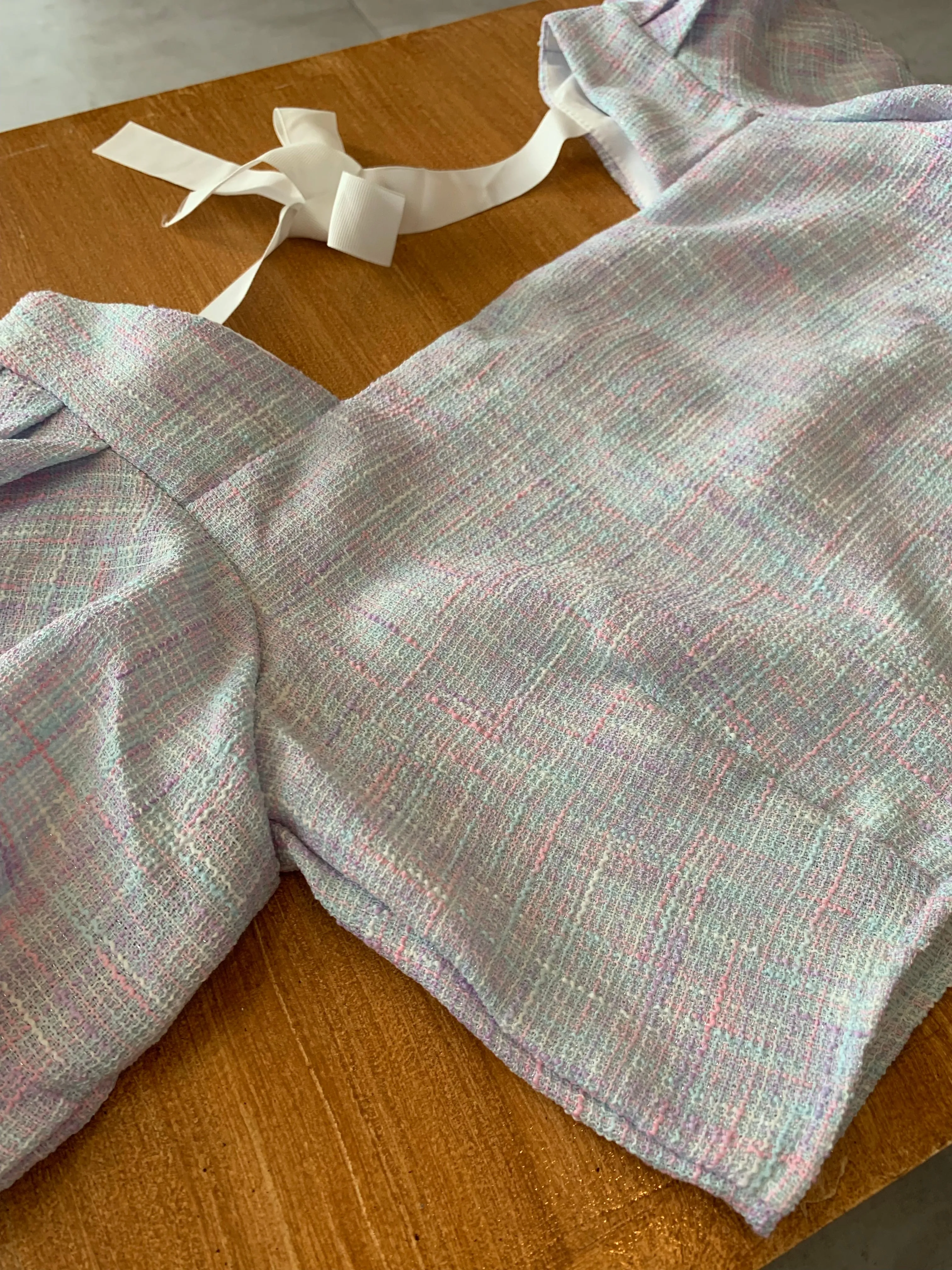 SASHA Tweed Puff-Sleeve Crop Top (Purple)