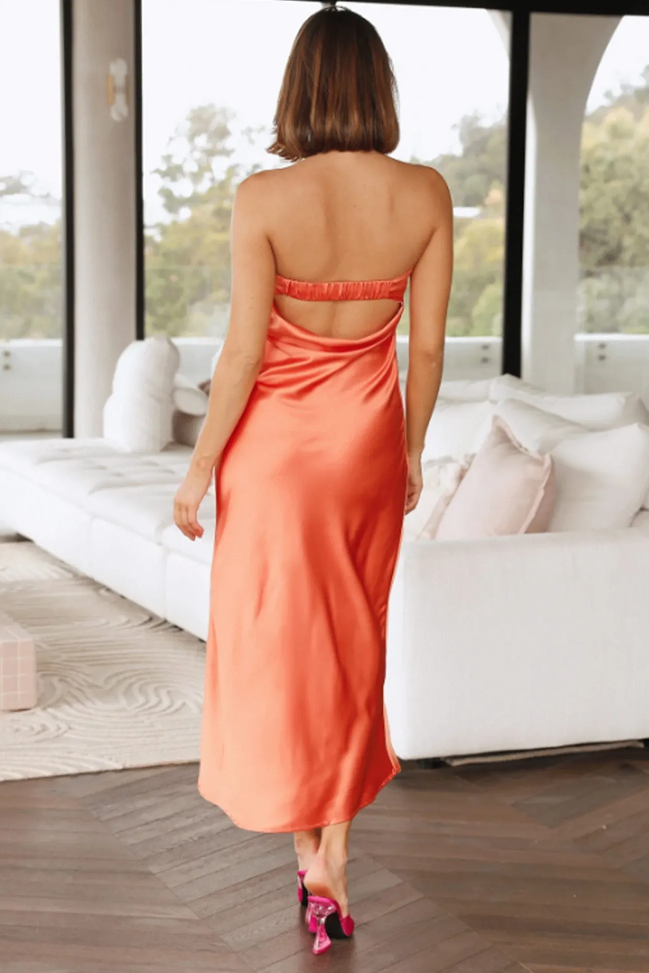 Satin Solid Color Strapless Midi Dress
