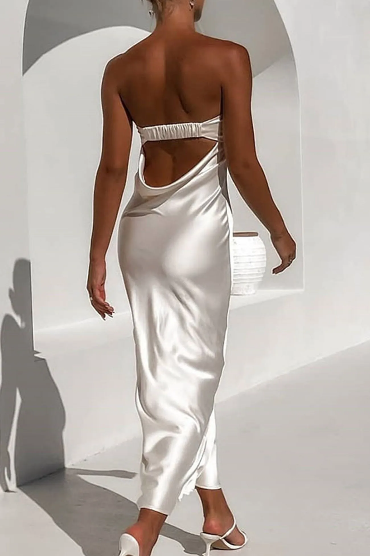 Satin Solid Color Strapless Midi Dress
