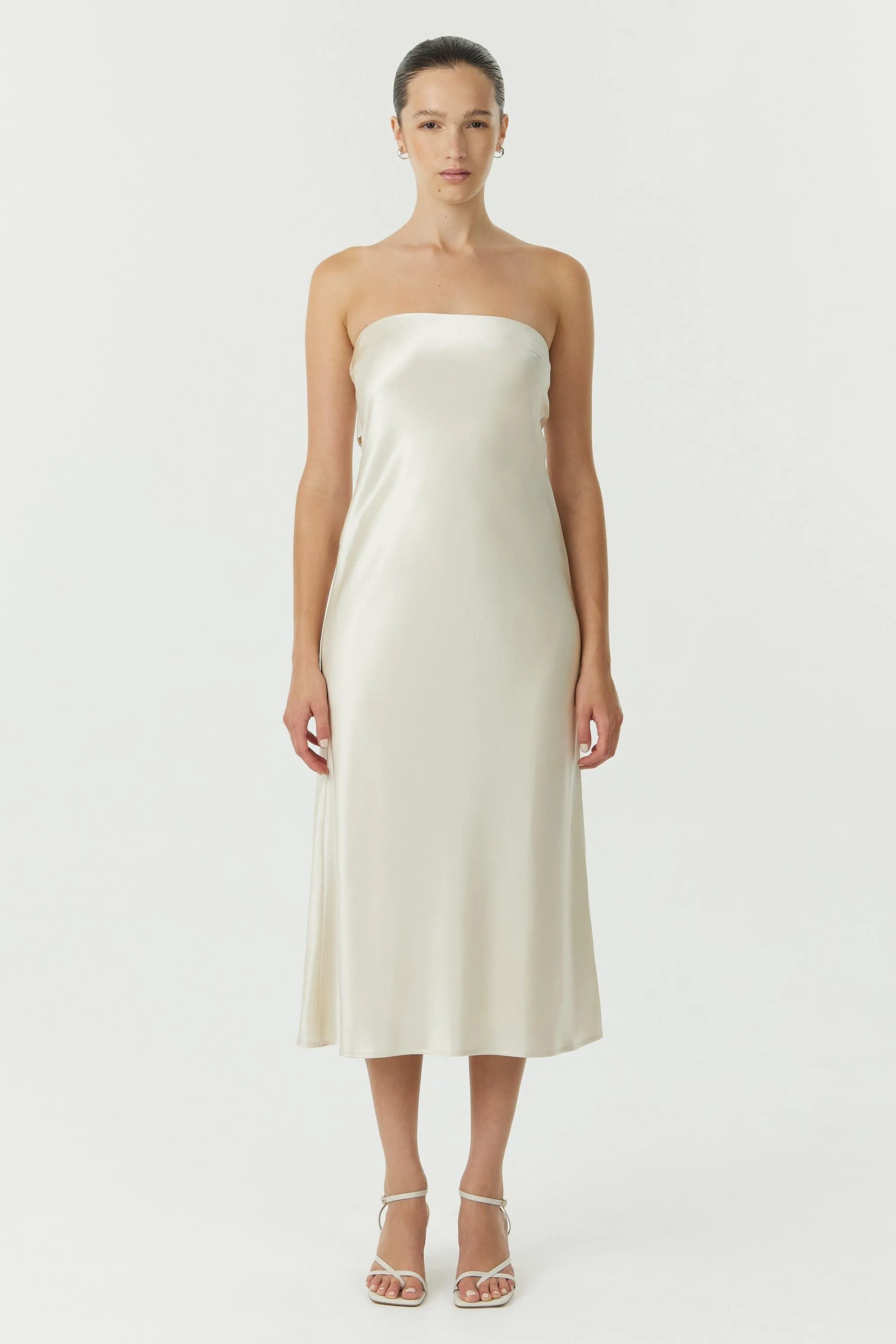 SATIN TIE BACK STRAPLESS MIDI | BUTTERCREAM