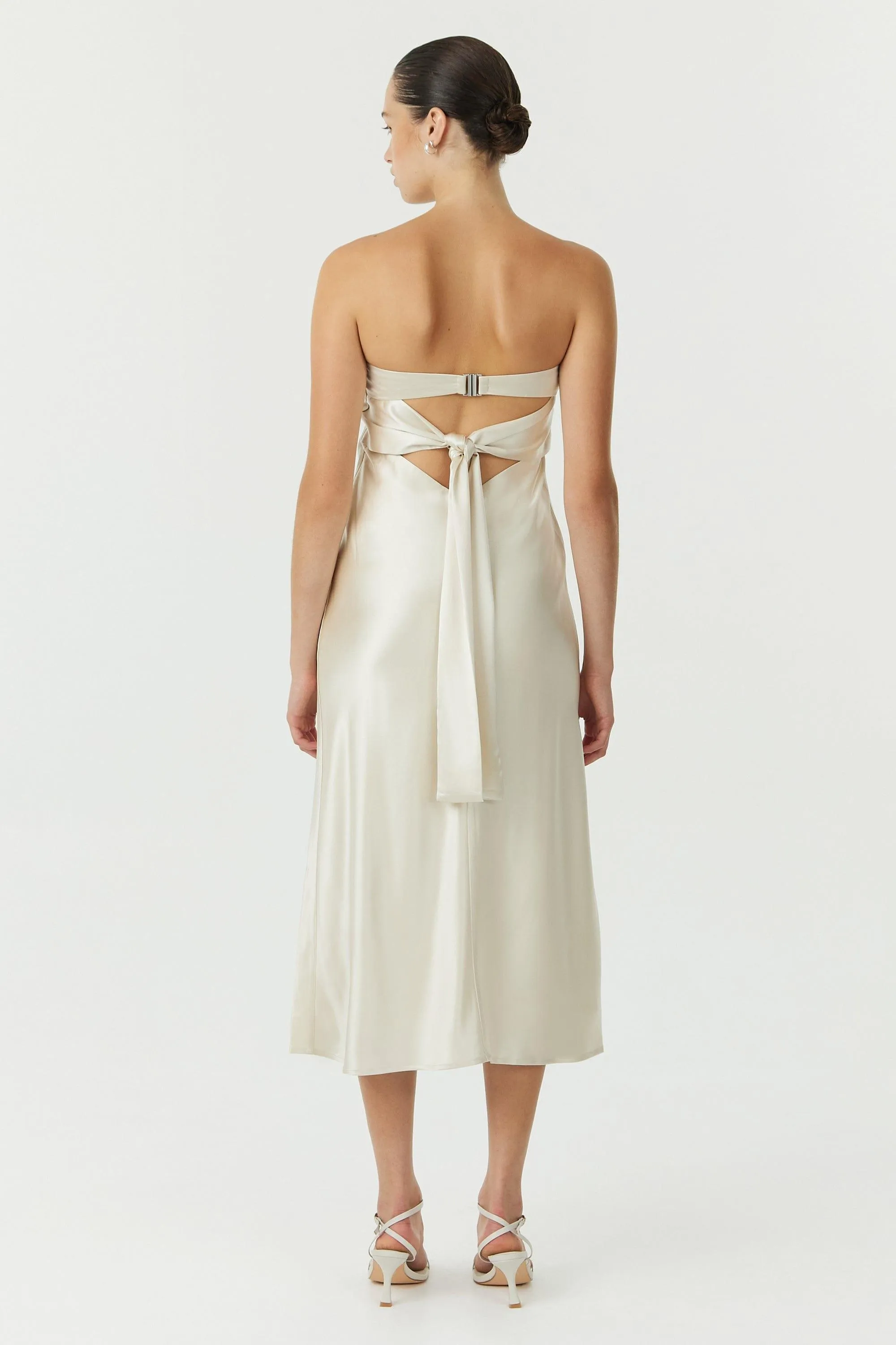 SATIN TIE BACK STRAPLESS MIDI | BUTTERCREAM