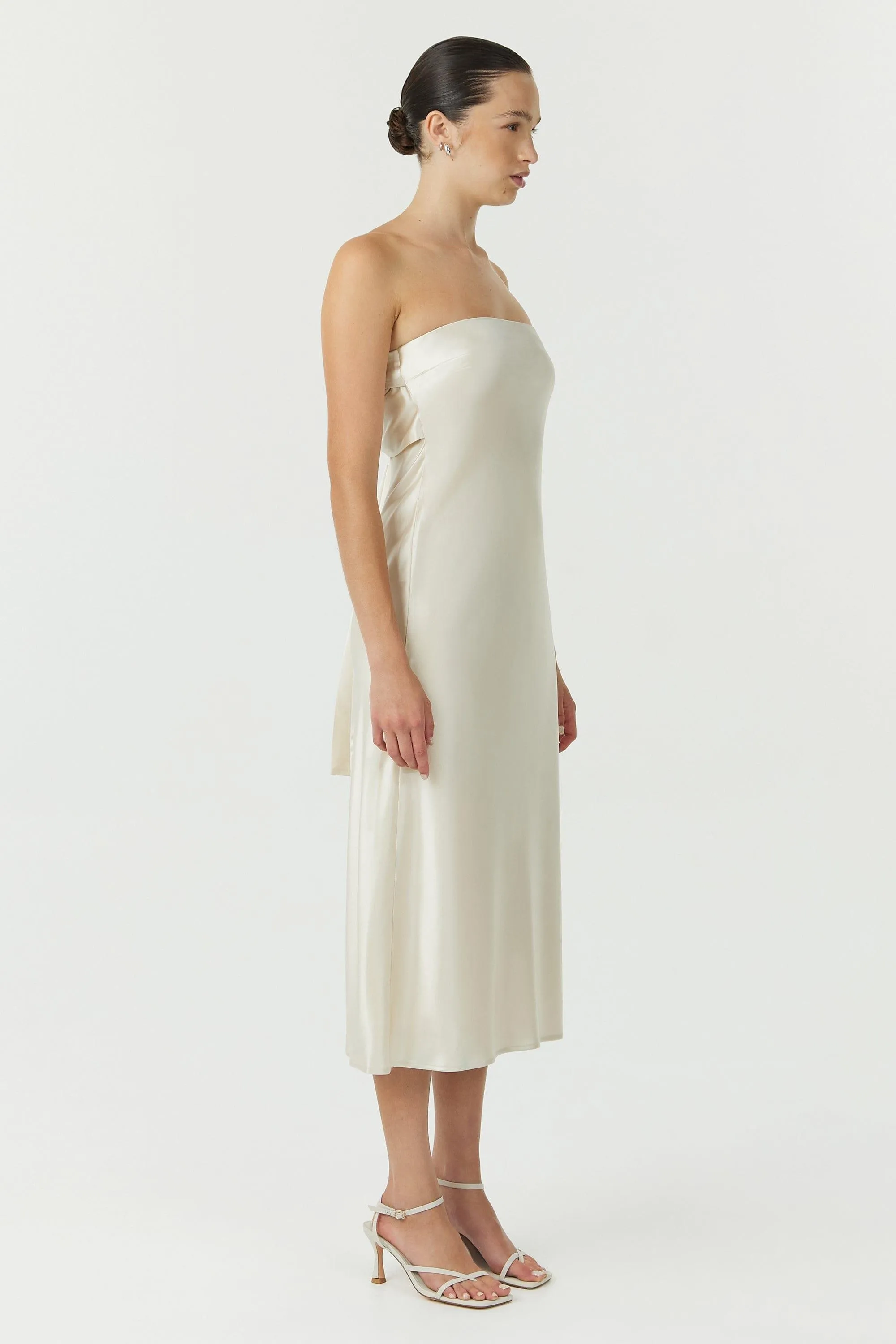 SATIN TIE BACK STRAPLESS MIDI | BUTTERCREAM