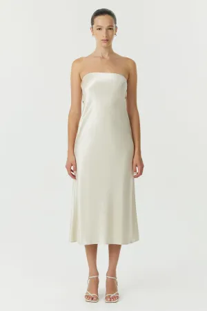 SATIN TIE BACK STRAPLESS MIDI | BUTTERCREAM