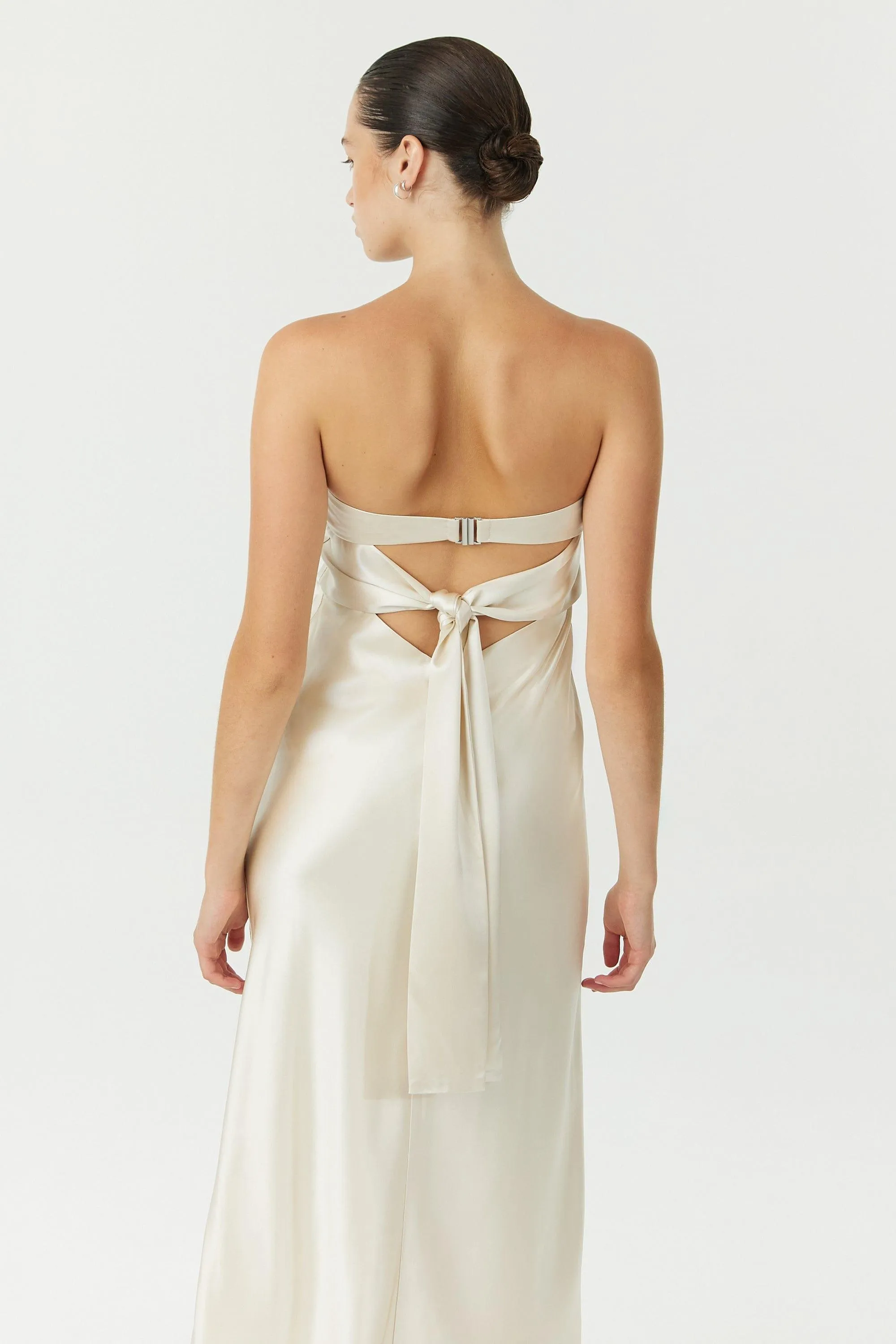SATIN TIE BACK STRAPLESS MIDI | BUTTERCREAM