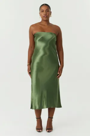 SATIN TIE BACK STRAPLESS MIDI | OLIVE