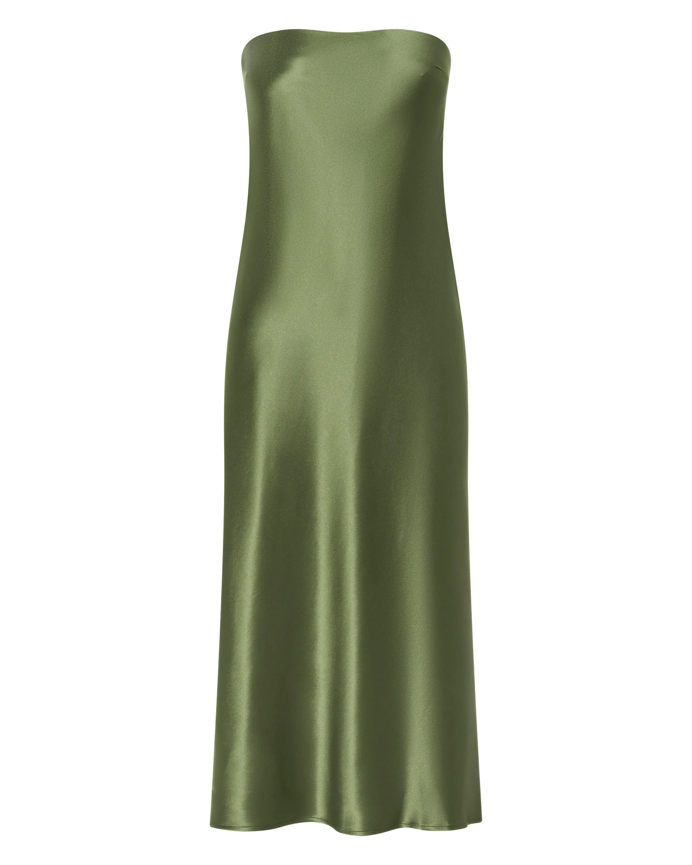 SATIN TIE BACK STRAPLESS MIDI | OLIVE