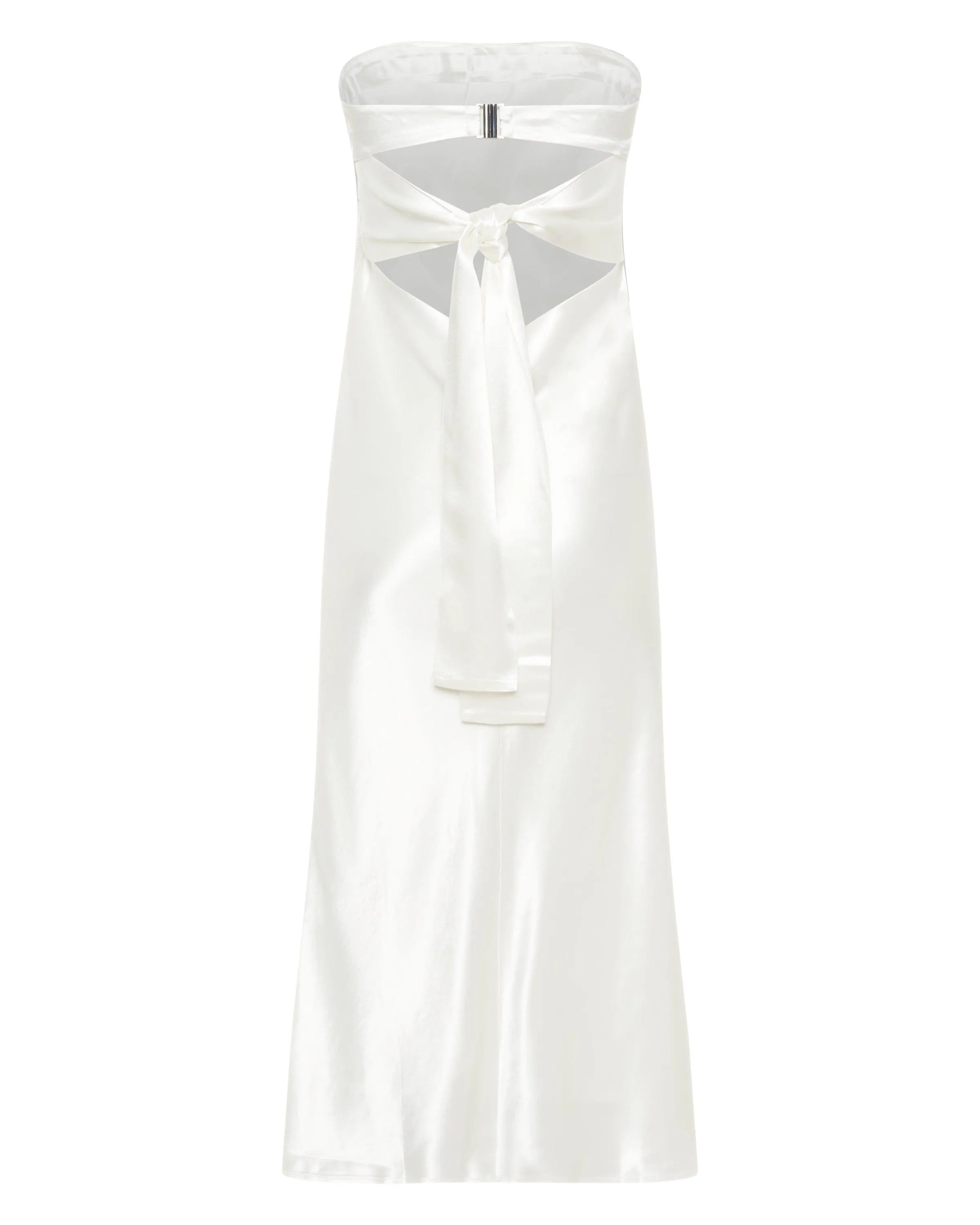 SATIN TIE BACK STRAPLESS MIDI | POWDER WHITE