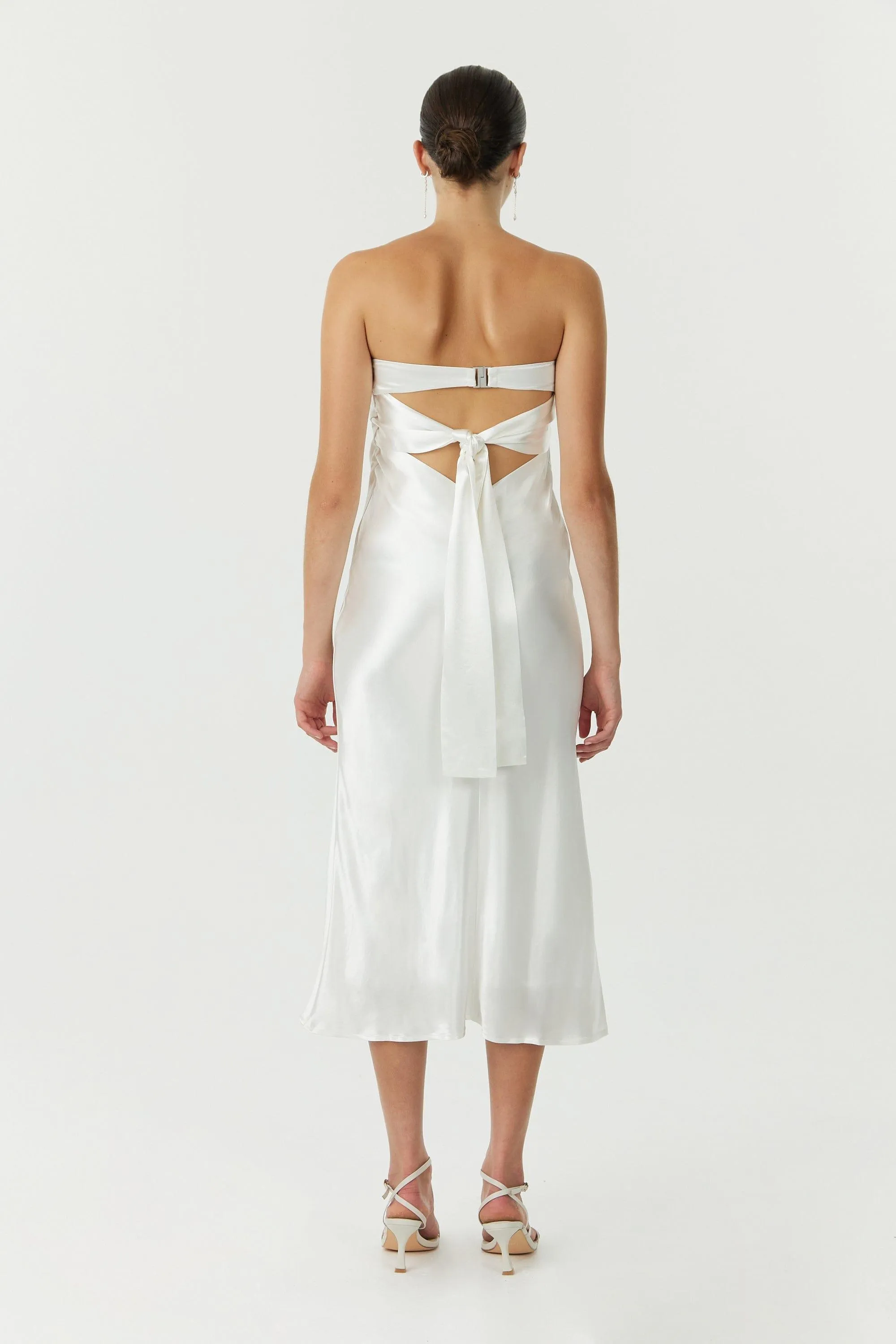 SATIN TIE BACK STRAPLESS MIDI | POWDER WHITE