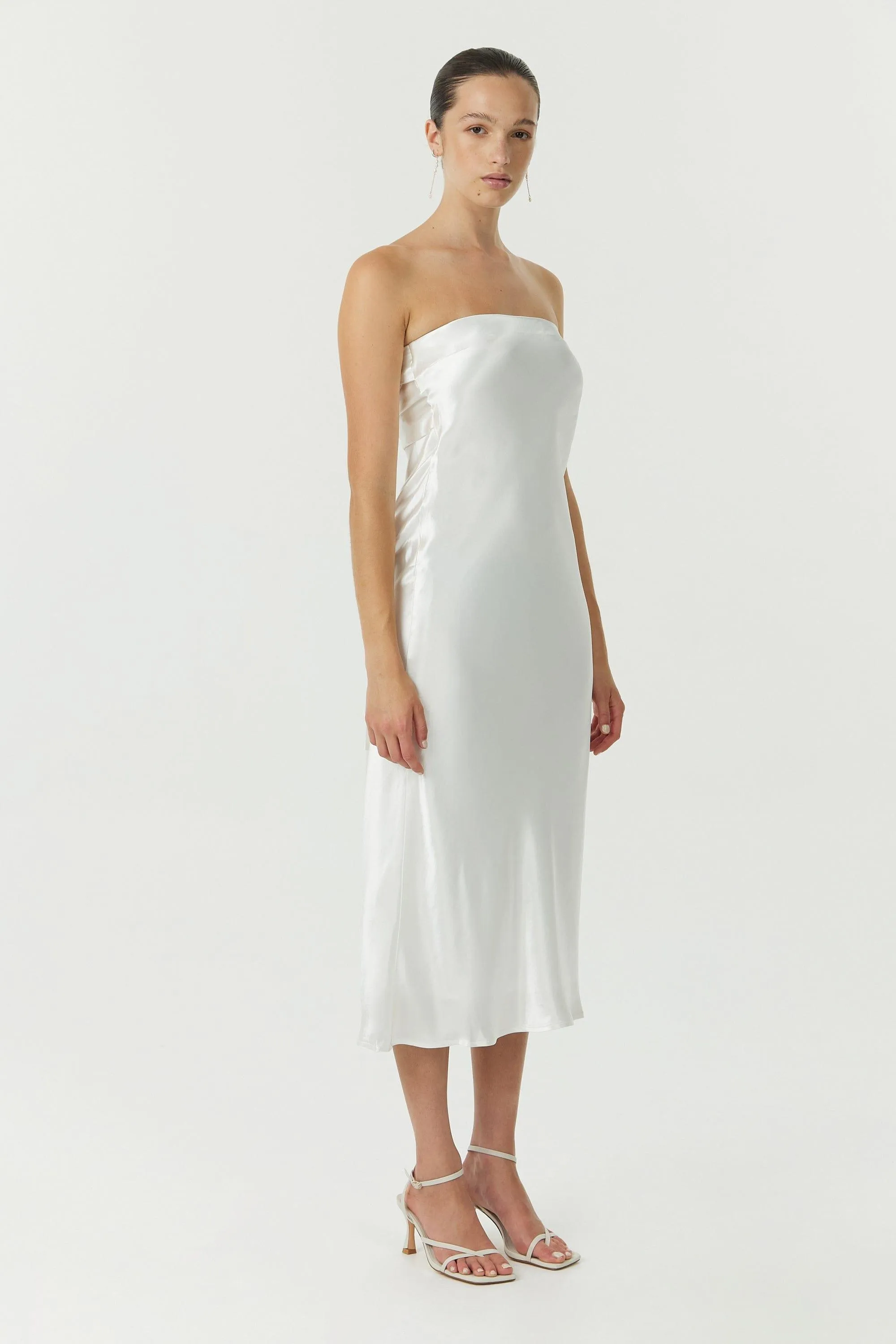 SATIN TIE BACK STRAPLESS MIDI | POWDER WHITE