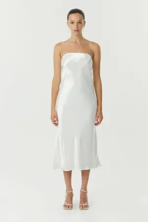 SATIN TIE BACK STRAPLESS MIDI | POWDER WHITE