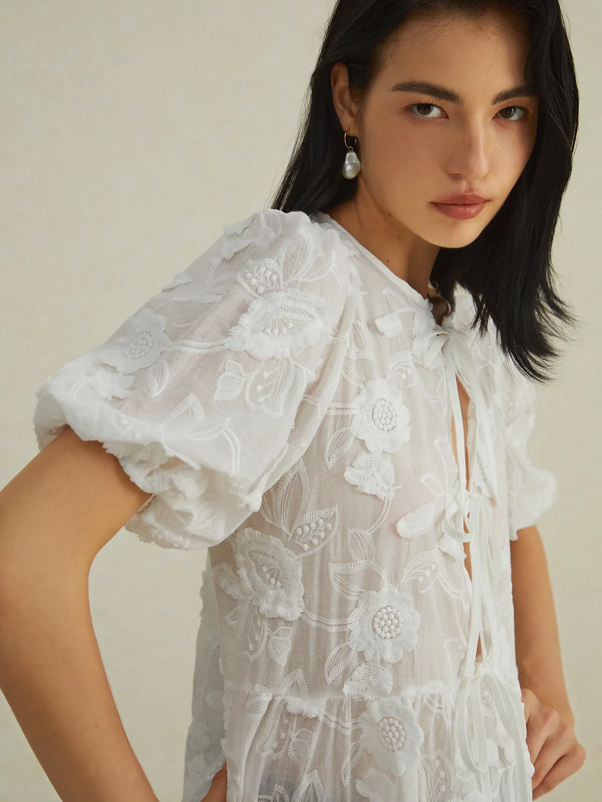 Semi-Sheer Floral Knotted Puff Sleeve Blouse