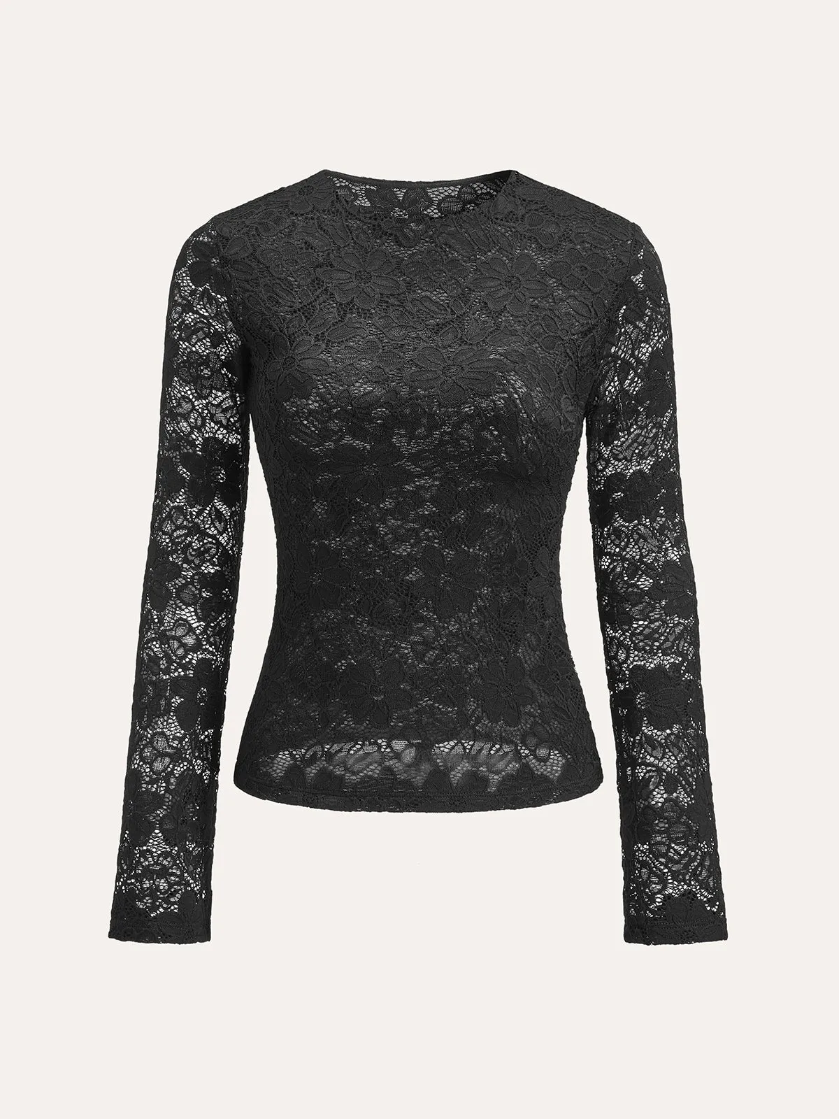 Semi-Sheer Floral Lace Long-Sleeve Top