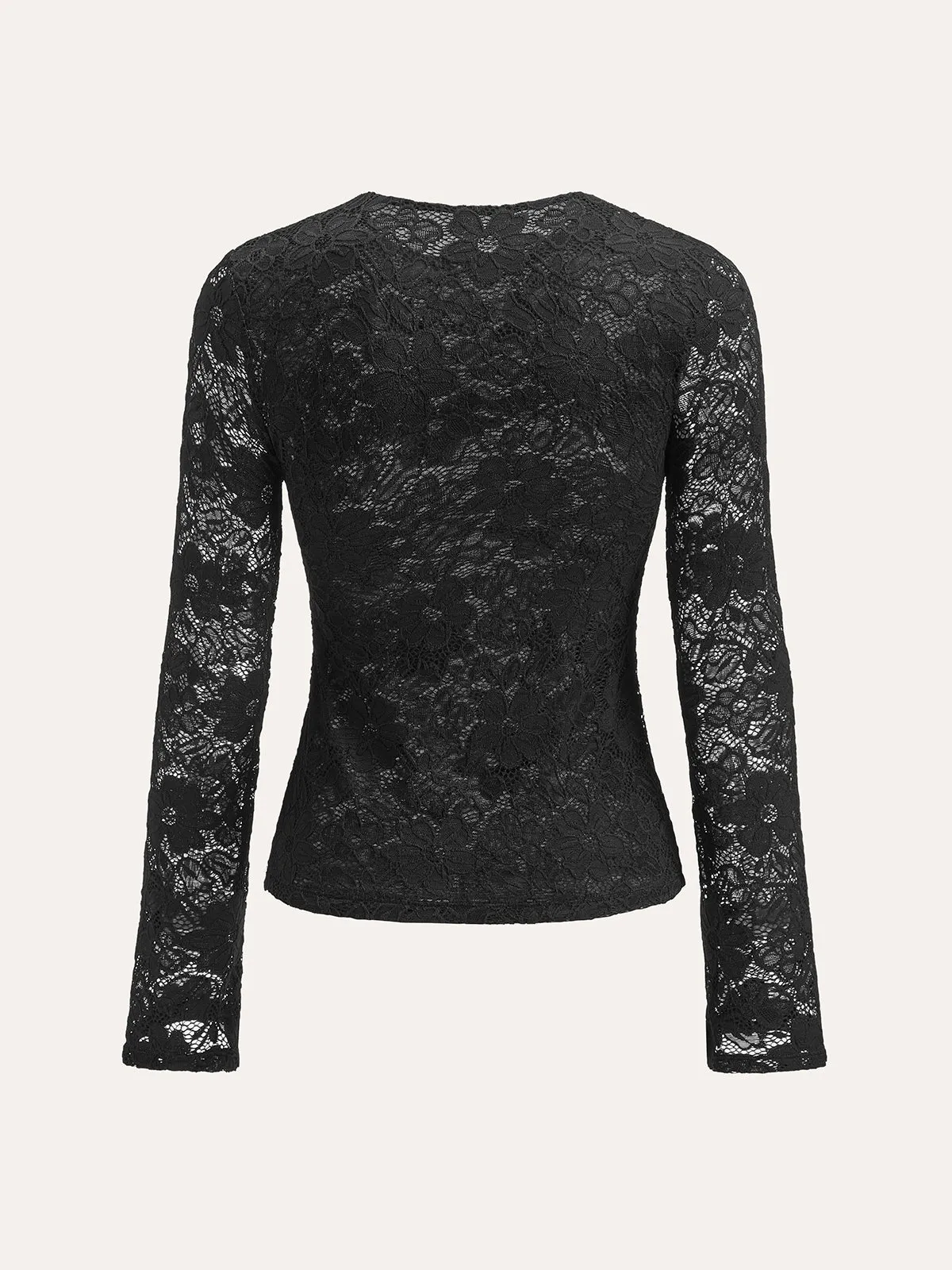 Semi-Sheer Floral Lace Long-Sleeve Top