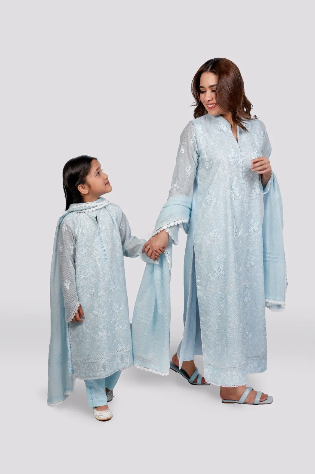 Serene Elegance - Light Blue Cotton Net Ensemble 3-piece stitched