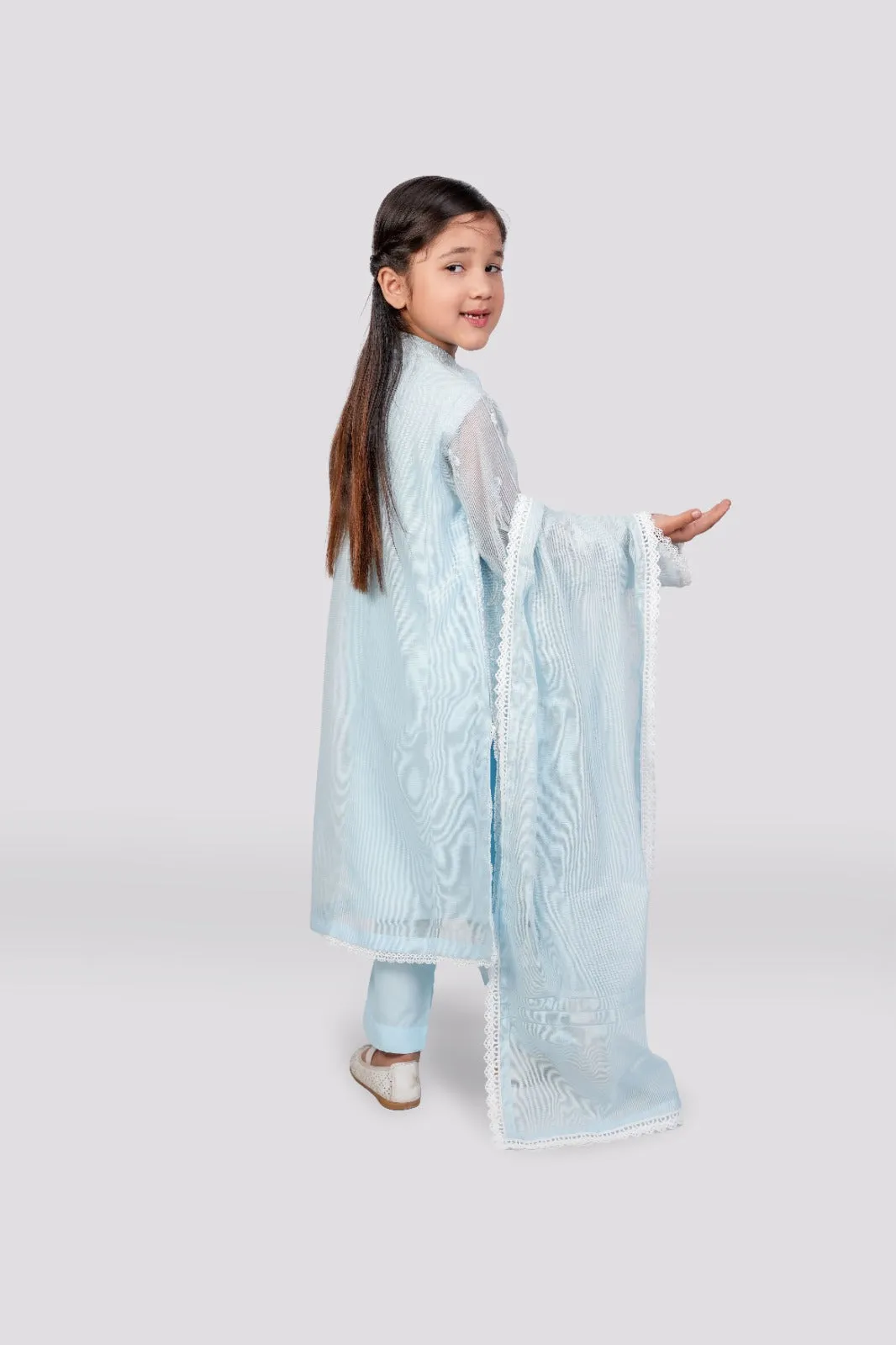 Serene Elegance - Light Blue Cotton Net Ensemble 3-piece stitched