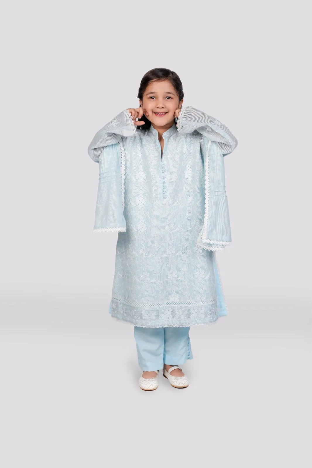 Serene Elegance - Light Blue Cotton Net Ensemble 3-piece stitched