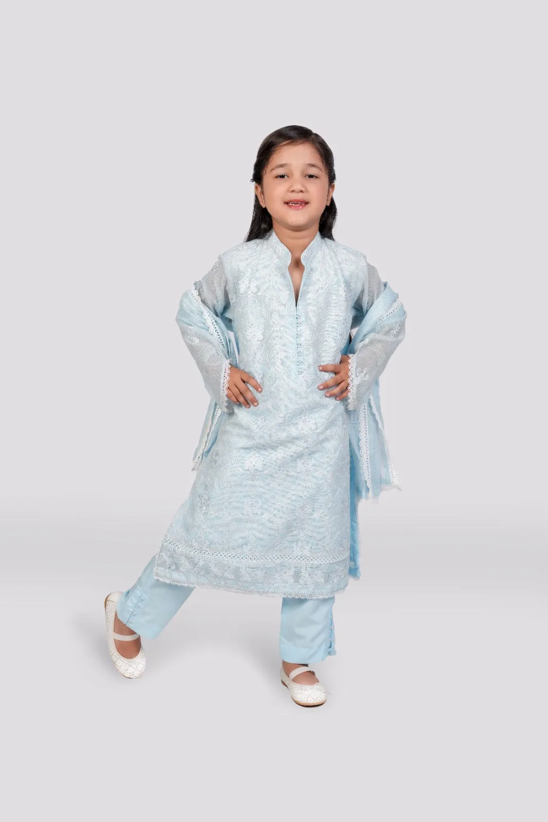 Serene Elegance - Light Blue Cotton Net Ensemble 3-piece stitched