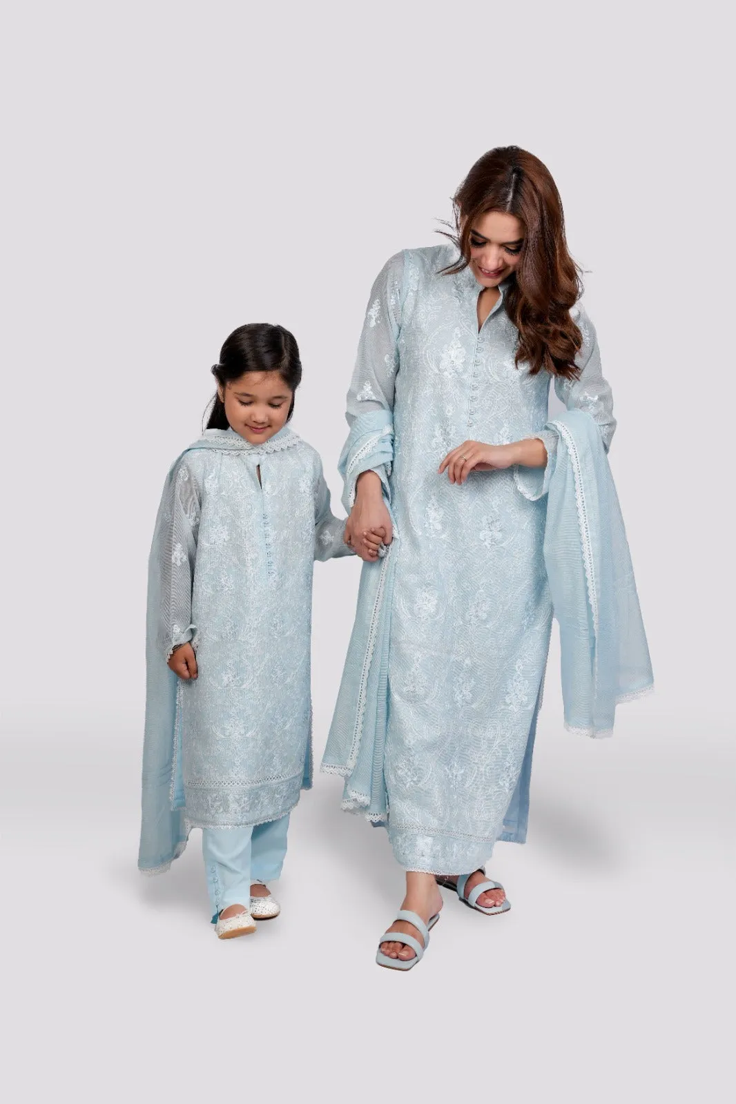 Serene Elegance - Light Blue Cotton Net Ensemble 3-piece stitched