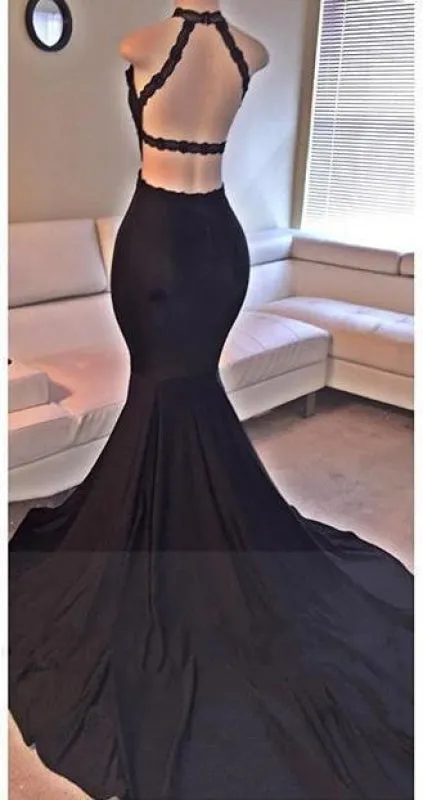 Sexy Mermaid Long Dark Navy Backless Sweep Train Prom Dress with Side Slit