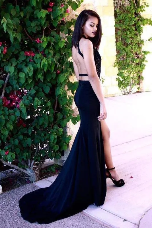 Sexy Mermaid Long Dark Navy Backless Sweep Train Prom Dress with Side Slit
