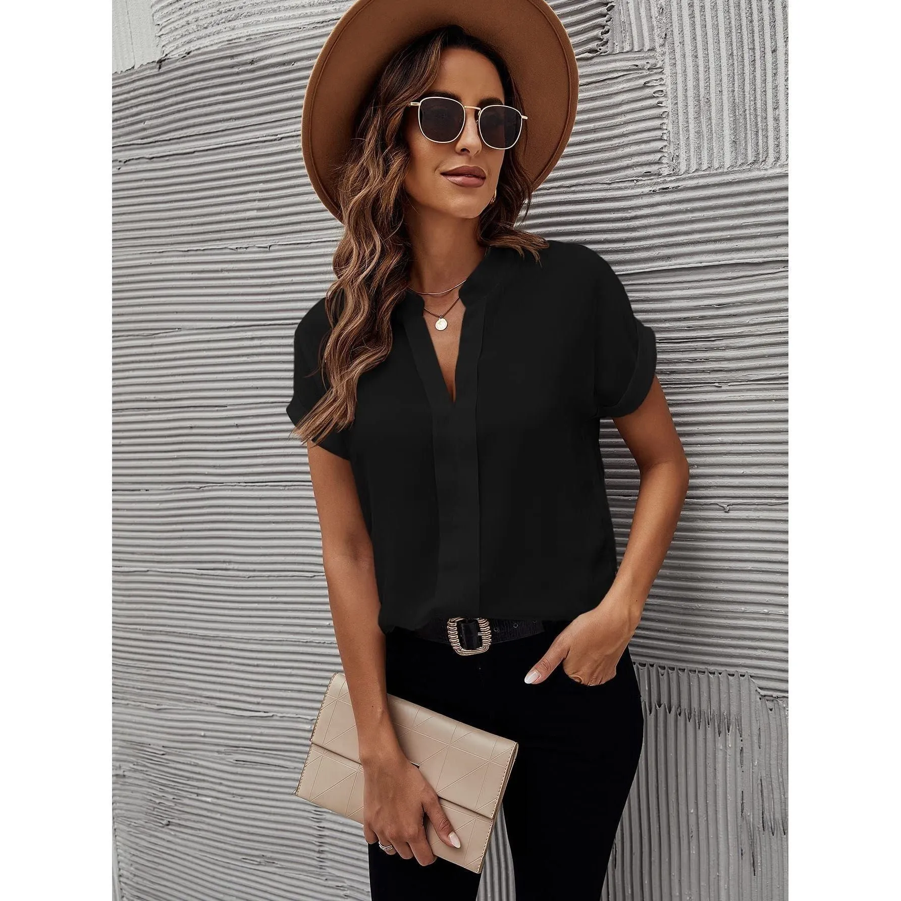 SHEIN Women's Notched V Neck T Shirts Roll Up Short Sleeve Summer Office Blouses Tops